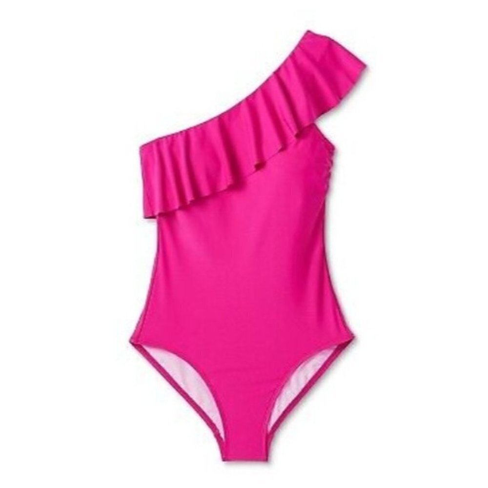 Kona Sol Womens Small 4-6 One Shoulder Ruffle One-Piece Swimsuit in Pink 1970‎